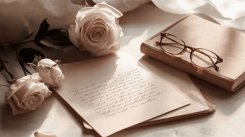 Language barriers as a marriage fraud risk factor — an unread letter in unfamiliar script beside reading glasses