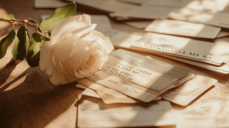 Unauthorized use of identity or accounts as a marriage fraud indicator — a license beside unopened credit card envelopes with a white rose
