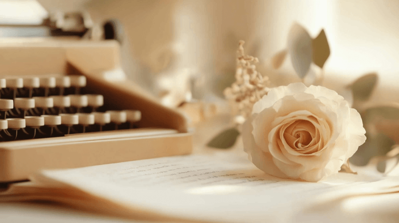 Ghostwritten statements as a marriage fraud filing tactic — a typewriter with an unreadable page beside a white rose