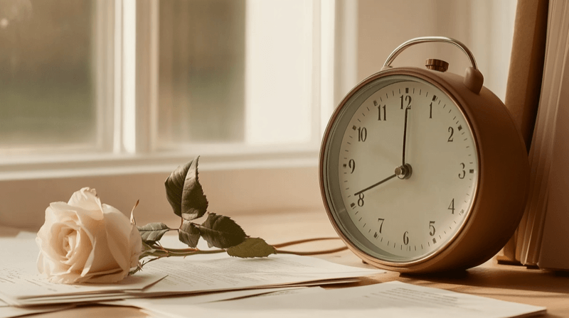 Pressure to file immigration forms immediately as a marriage fraud tactic — an alarm clock beside scattered papers and a white rose