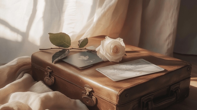 Independent international travel excluding the spouse as a marriage fraud indicator — a suitcase and passport with a white rose