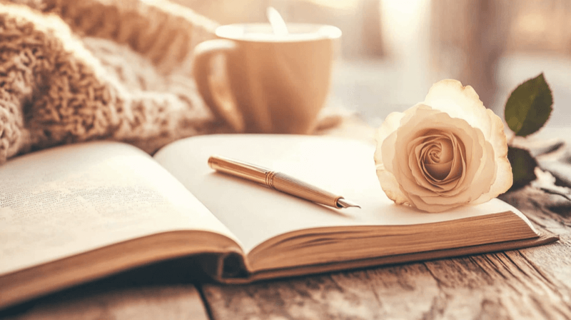 Fictionalized origin story as a marriage fraud filing tactic — a blank book with a pen and white rose