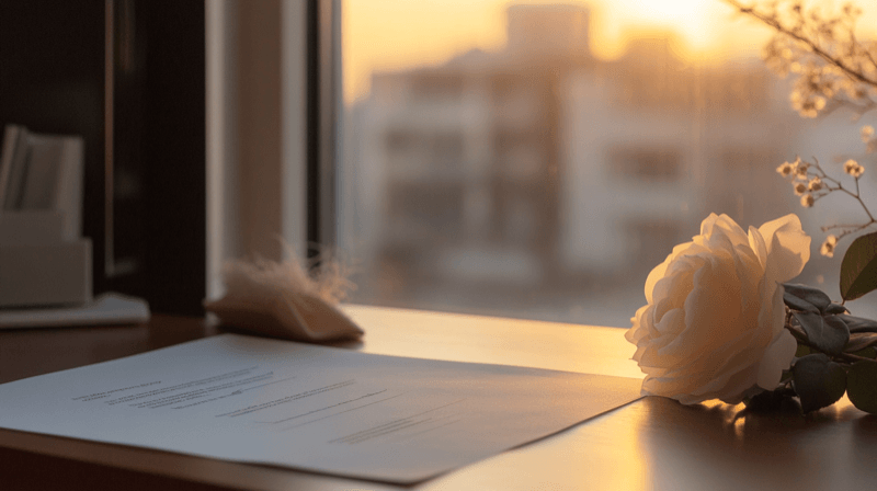 Signing immigration forms without review as a marriage fraud tactic — a shadow across a document beside a white rose