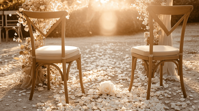 Emotional detachment during a marriage fraud ceremony — two chairs facing away from each other with a white rose between them