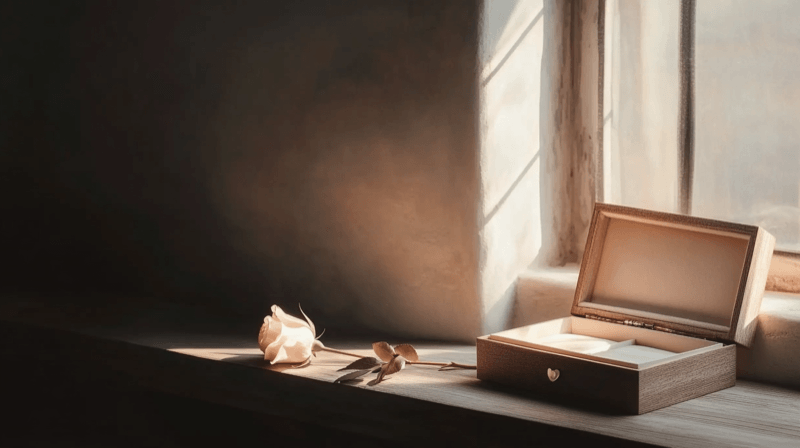 Reluctance to acknowledge the relationship as a marriage fraud indicator — a hidden jewelry box with a white rose