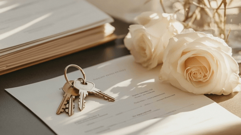 Rapid establishment of separate financial history as a marriage fraud indicator — keys and a lease with a white rose