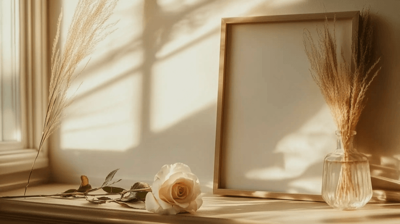 Fabricated milestones as a marriage fraud indicator — an empty photo frame with a white rose