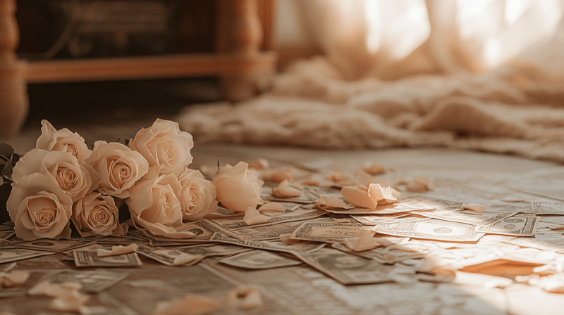 Diversion of marital funds as a marriage fraud indicator — money on the floor with white roses
