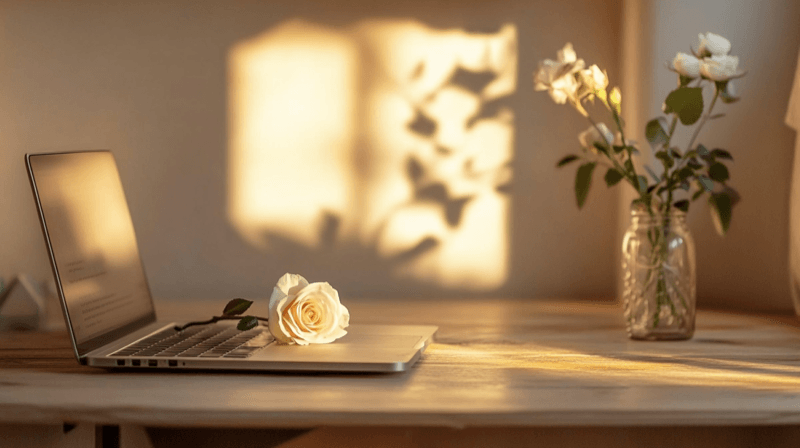 Online dating platforms as a marriage fraud introduction method — a glowing laptop screen beside a white rose