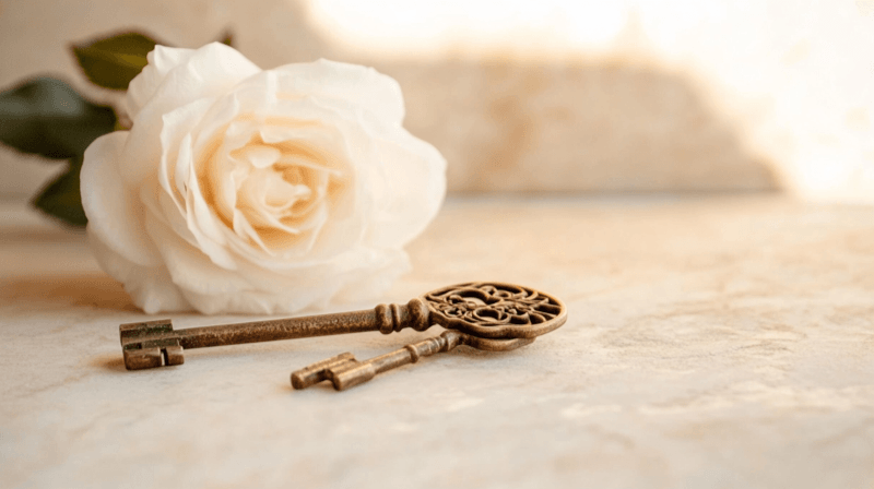 Arranged introductions as a marriage fraud method — two crossed skeleton keys beside a white rose