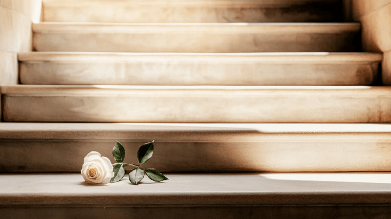 Pressure to marry quickly as a marriage fraud indicator — a courthouse staircase with a white rose on the steps