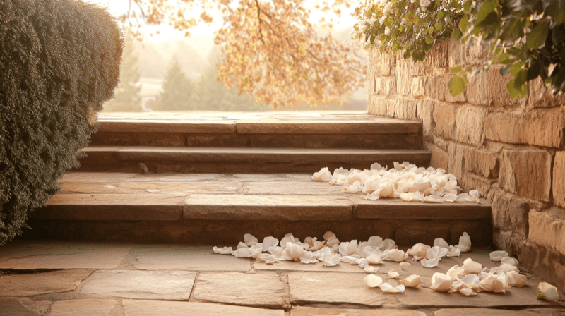 Recent loss as a marriage fraud vulnerability — scattered white rose petals on weathered stone steps
