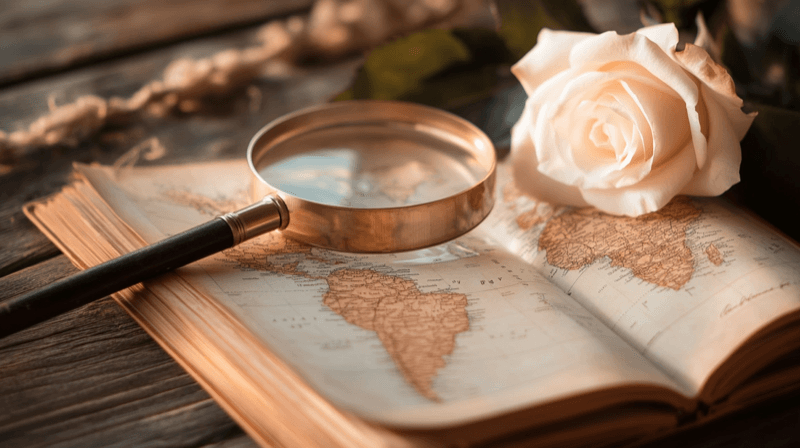 Citizenship-filtered partner search as a marriage fraud motive — a magnifying glass on a map beside a white rose
