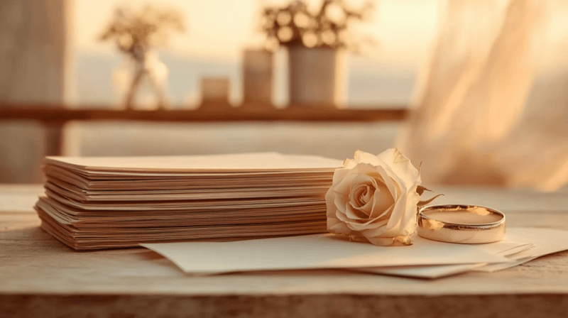 Transactional framing of marriage as a fraud indicator — immigration forms beside wedding bands and a white rose