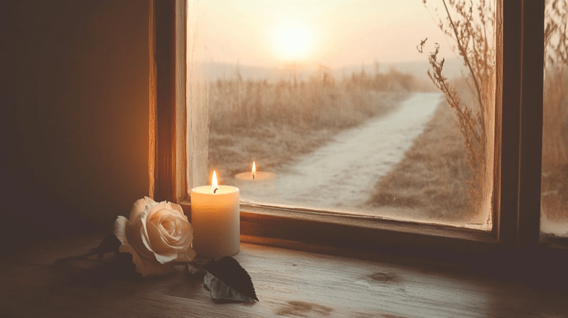 Isolation from support network as a marriage fraud grooming tactic — a candle and white rose in a window at dusk