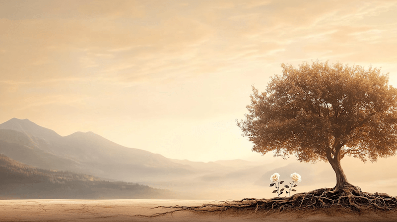 Age disparity as a marriage fraud risk factor — an old tree beside a young sapling with intertwined roots