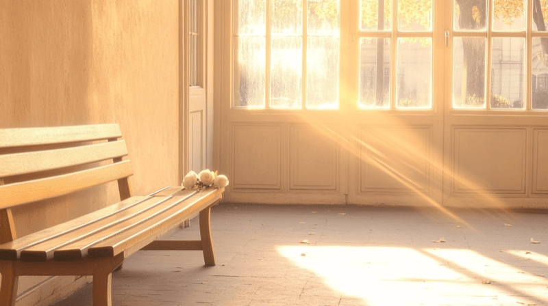 Secret courthouse ceremony as a marriage fraud indicator — an empty courthouse hallway with a white rose on a bench