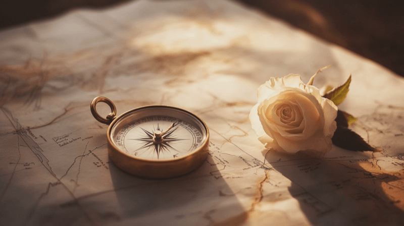 Vague long-term plans as a marriage fraud indicator — a compass on a blank map beside a white rose