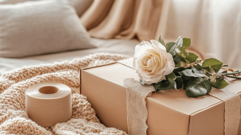 Secret export of marital property as a marriage fraud indicator — a half-packed shipping box with a white rose