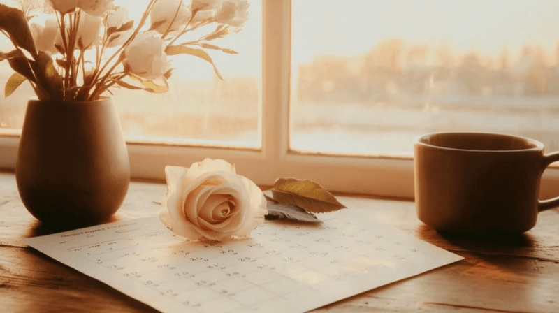 Immigration-aligned timing as a marriage fraud indicator — a calendar with circled dates and a white rose