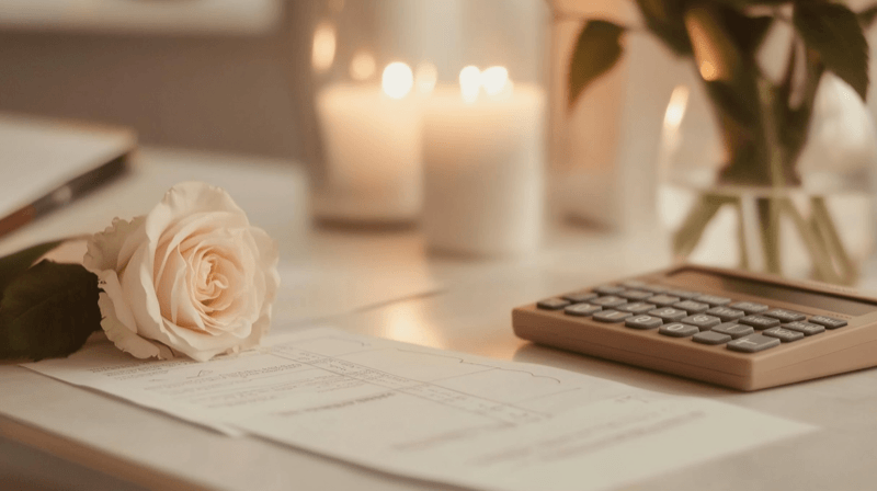 Financial data manipulation on I-864 as a marriage fraud tactic — altered financial statements beside a white rose