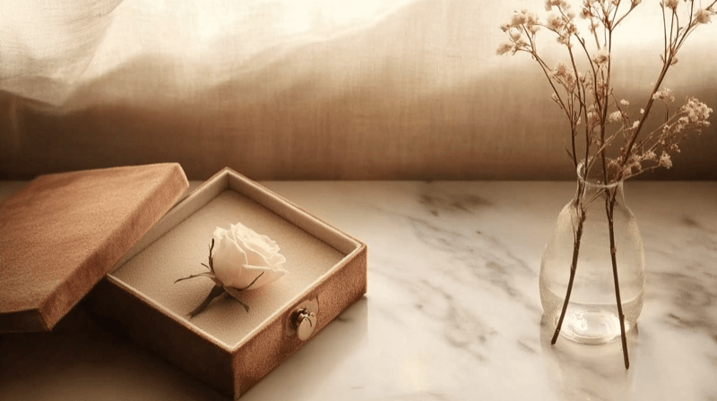 Transactional framing as a marriage fraud indicator — an empty jewelry box with a white rose inside