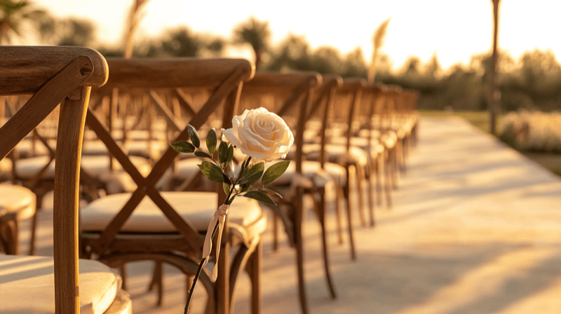 Absence of family at a marriage fraud wedding — empty ceremony chairs with a white rose on the aisle seat