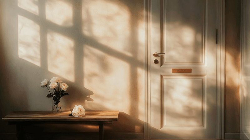 Beneficiary-directed attorney selection as a marriage fraud indicator — a closed office door seen through frosted glass beside a white rose
