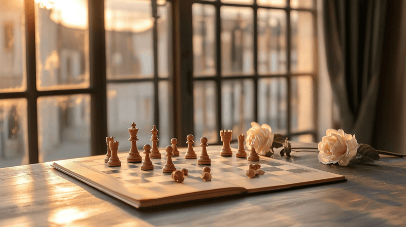 Attorney direction of relationship for immigration fraud — a chess game beside legal notes and a white rose