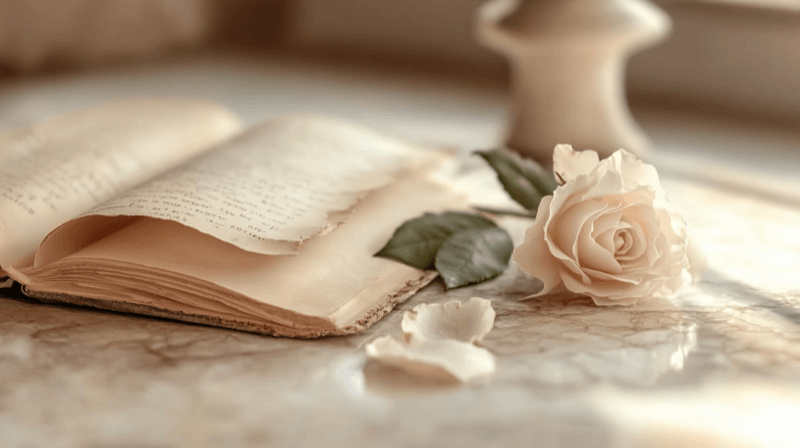 Omission of adverse history in immigration narrative as a fraud indicator — a torn journal page with redacted lines and a white rose