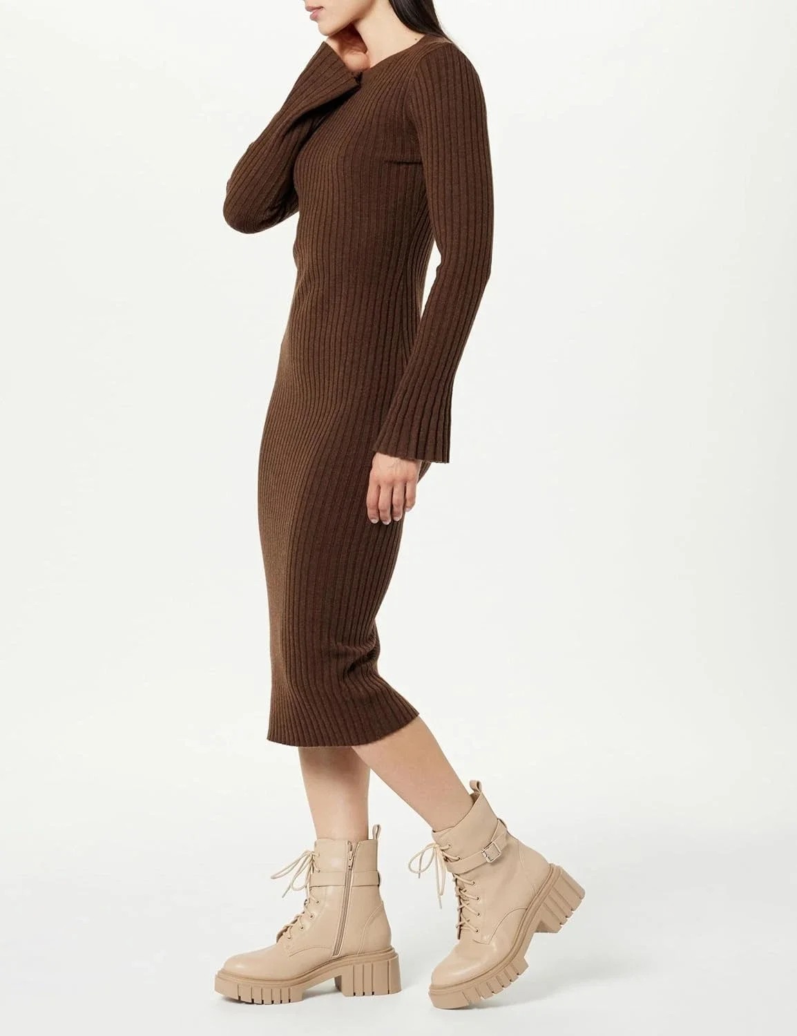 Women’s brown ribbed knit midi dress long sleeve fitted outfit