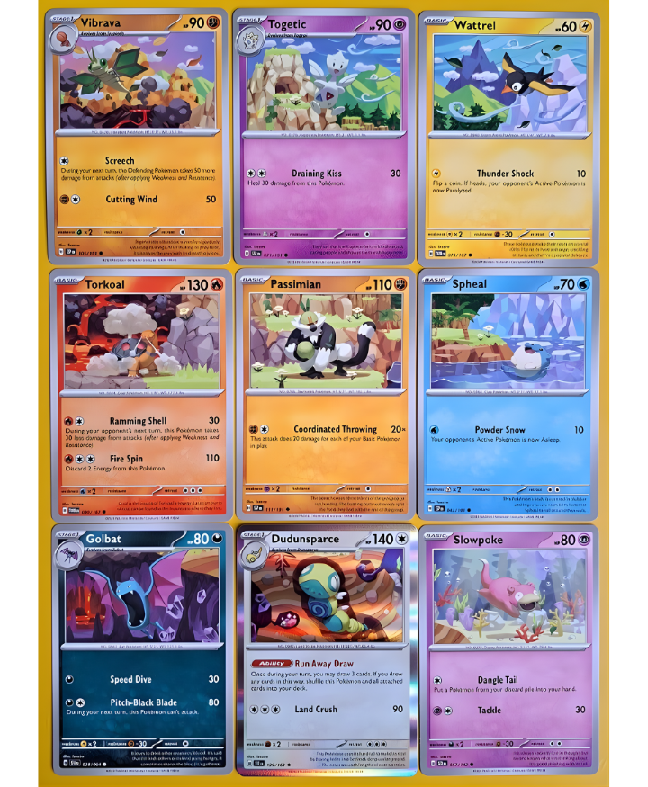 Collection of Pokémon trading cards with colorful designs and characters for collectors