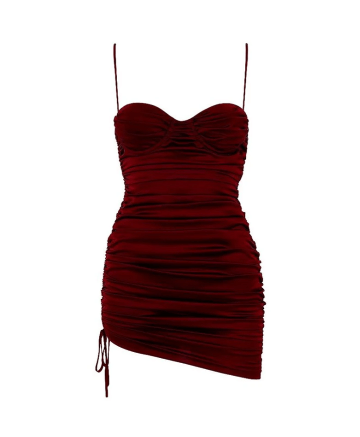 Women’s red ruched bodycon mini dress spaghetti strap fitted dress