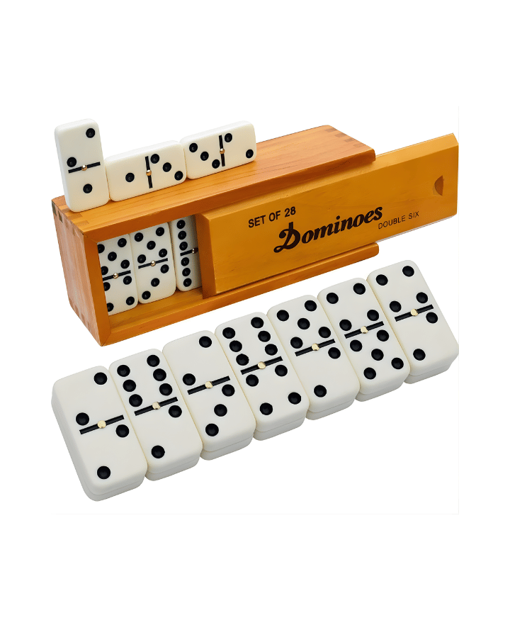 Classic dominoes set with numbered tiles and wooden case for family game play