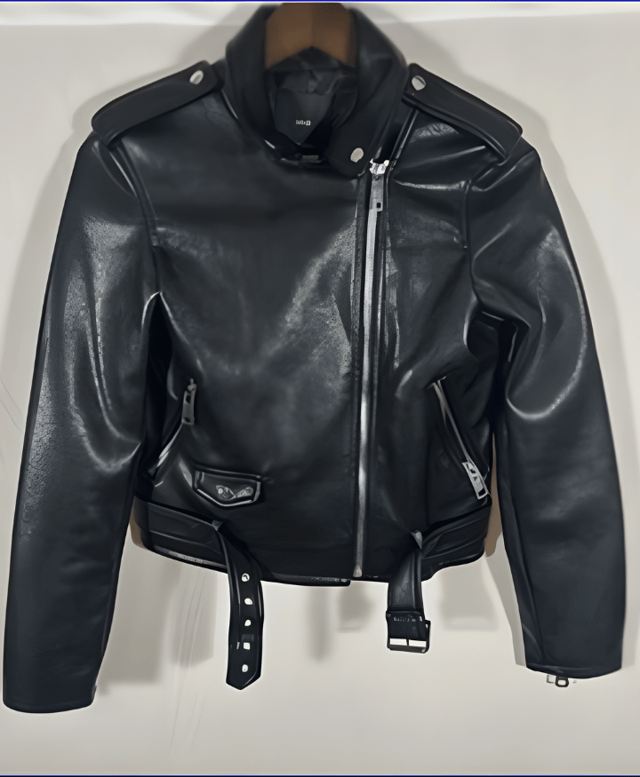 Women’s black leather moto jacket asymmetrical zip biker style with belt