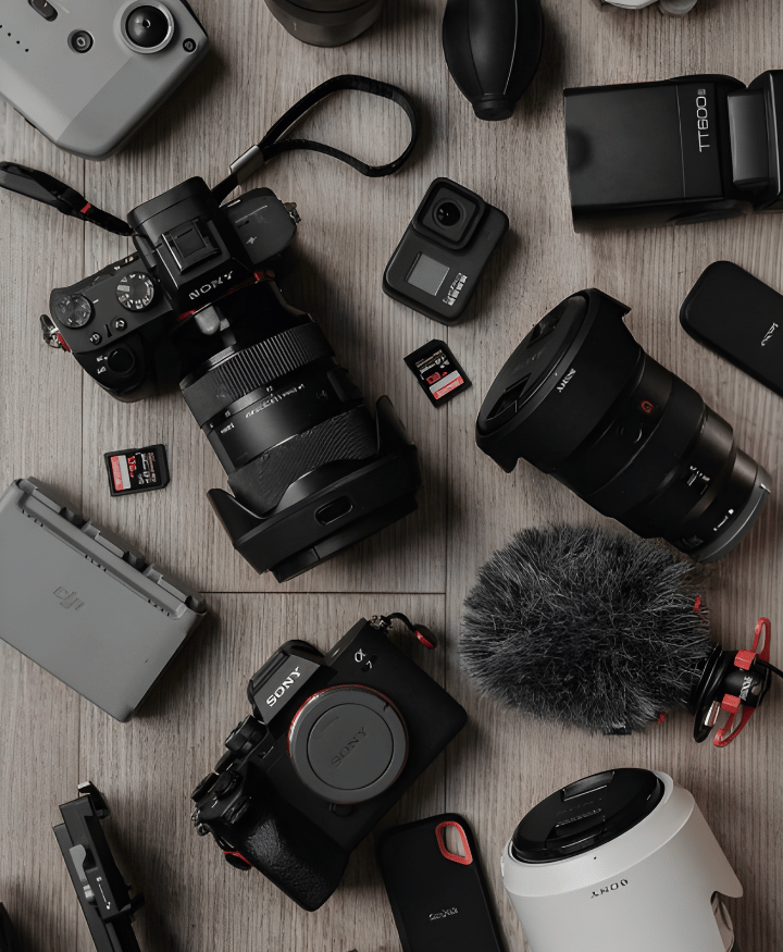 Photography equipment set with camera, lenses, SD cards, and accessories for photographers
