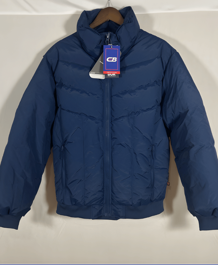 Men’s blue puffer jacket insulated full zip winter coat with pockets