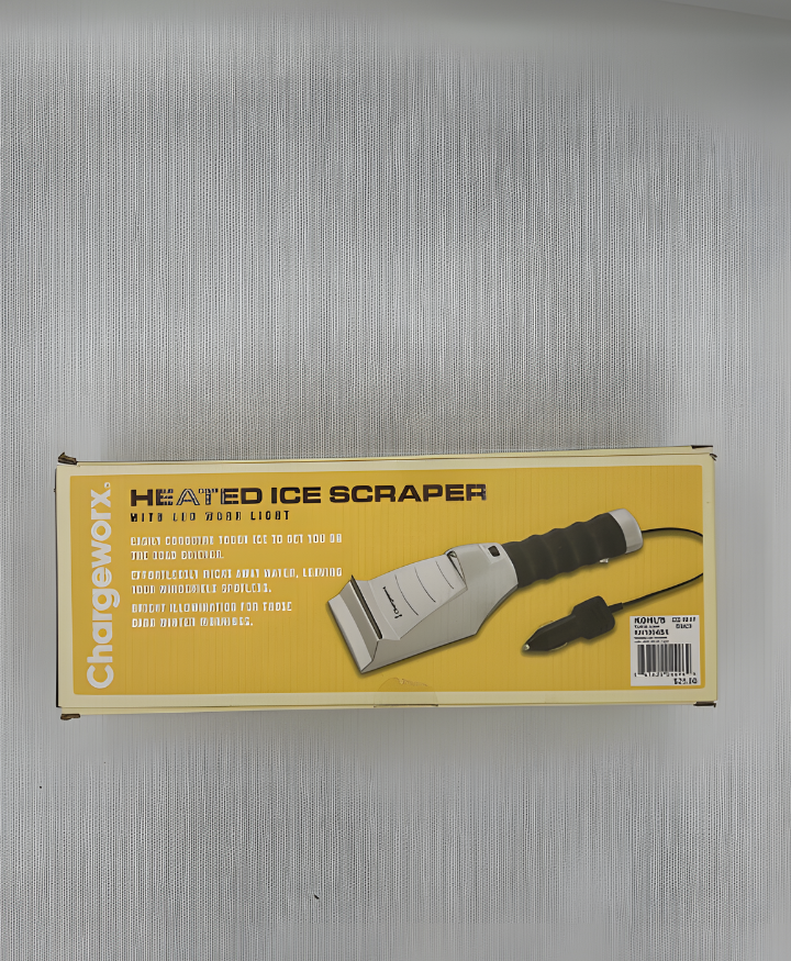 Electric heated ice scraper for car windshield with built-in LED light and power cord