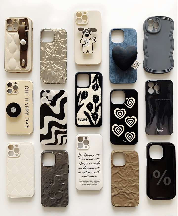 Collection of stylish smartphone cases with various designs including patterns, textures, hearts, and minimalist styles