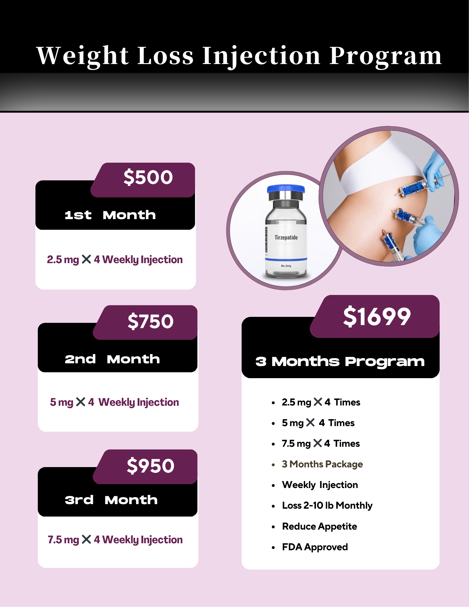 Advertisement for Avant Anti-Aging Weight Loss Injection Program, offering a three-month plan with weekly injections at increasing dosages, prices ranging from $450 to $1699.