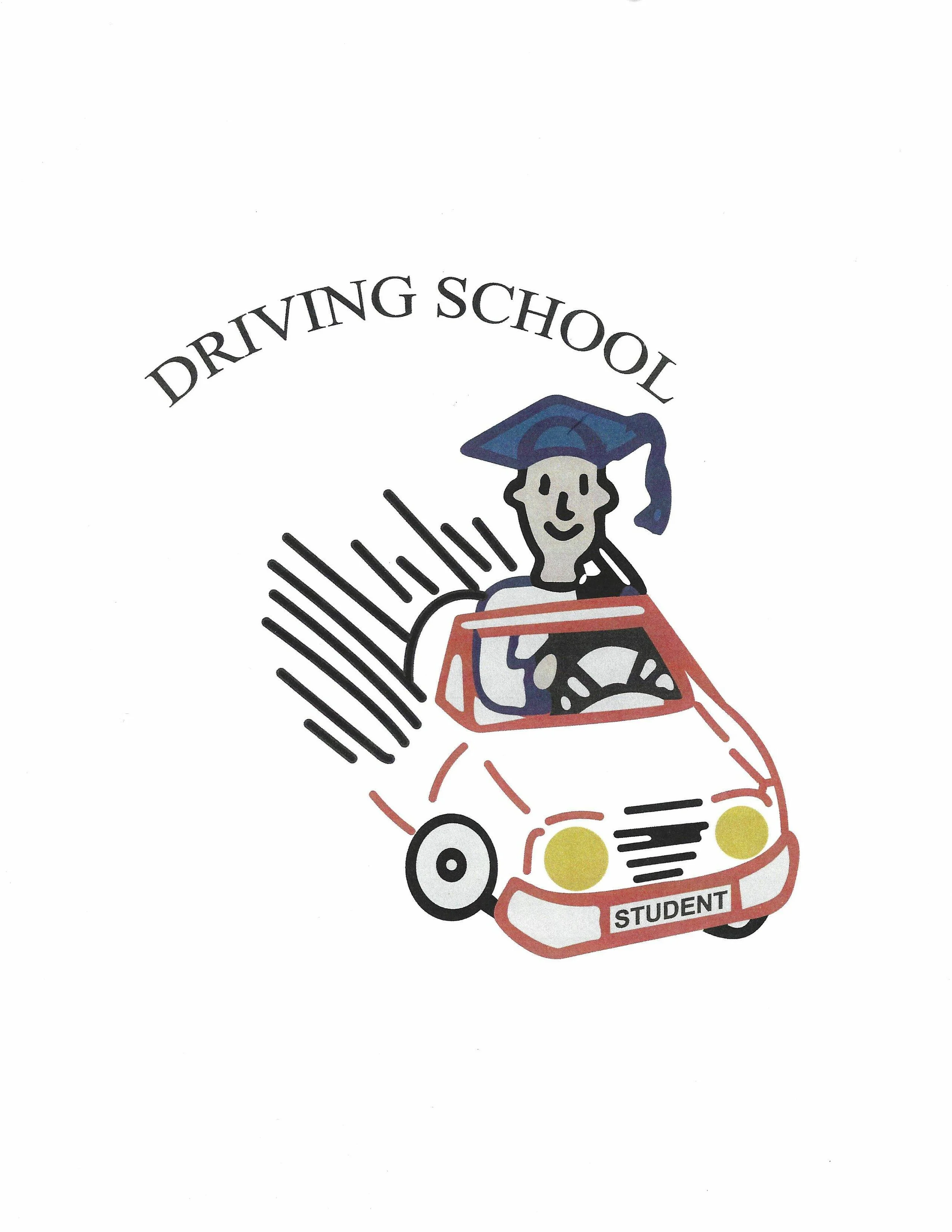 Illustration of a person with a graduation cap driving a small red car labeled 'STUDENT' under the words 'DRIVING SCHOOL'.