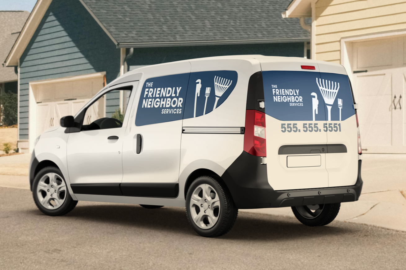 A white service van parked in front of a suburban house with yellow and gray siding. The van features branding for 'The Friendly Neighbor Services' with icons of cleaning tools and a phone number.