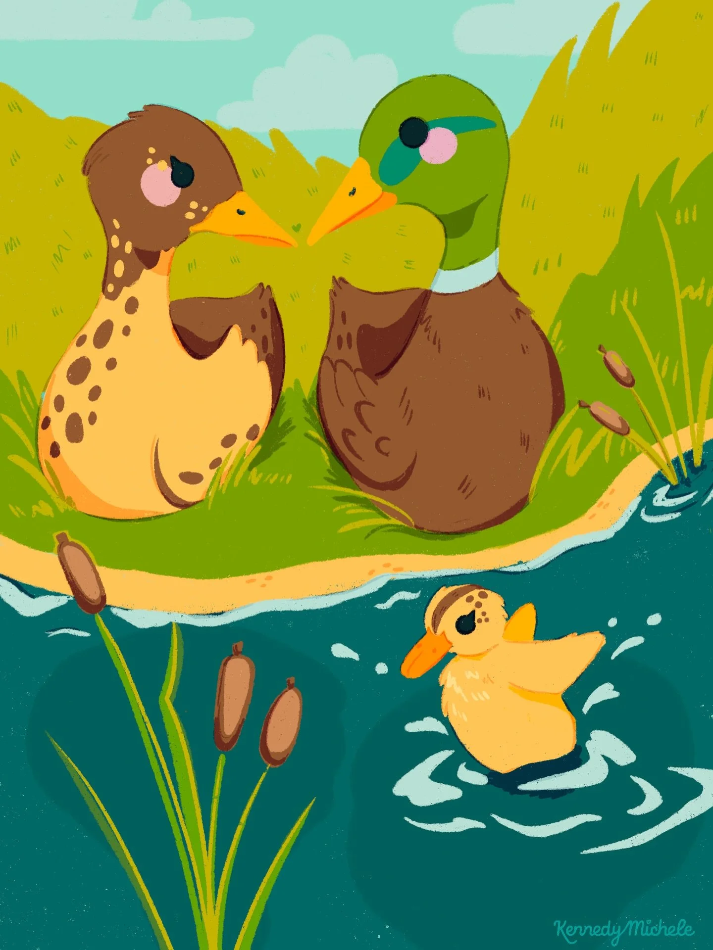 Meet the Mallards 🦆 

While I usually prefer working with 3-5 colors per piece, this cute little duck family needed to be in full color. 🌈 This also gave me a chance to practice my subtle line work. 

Which animal do you want to see next?
