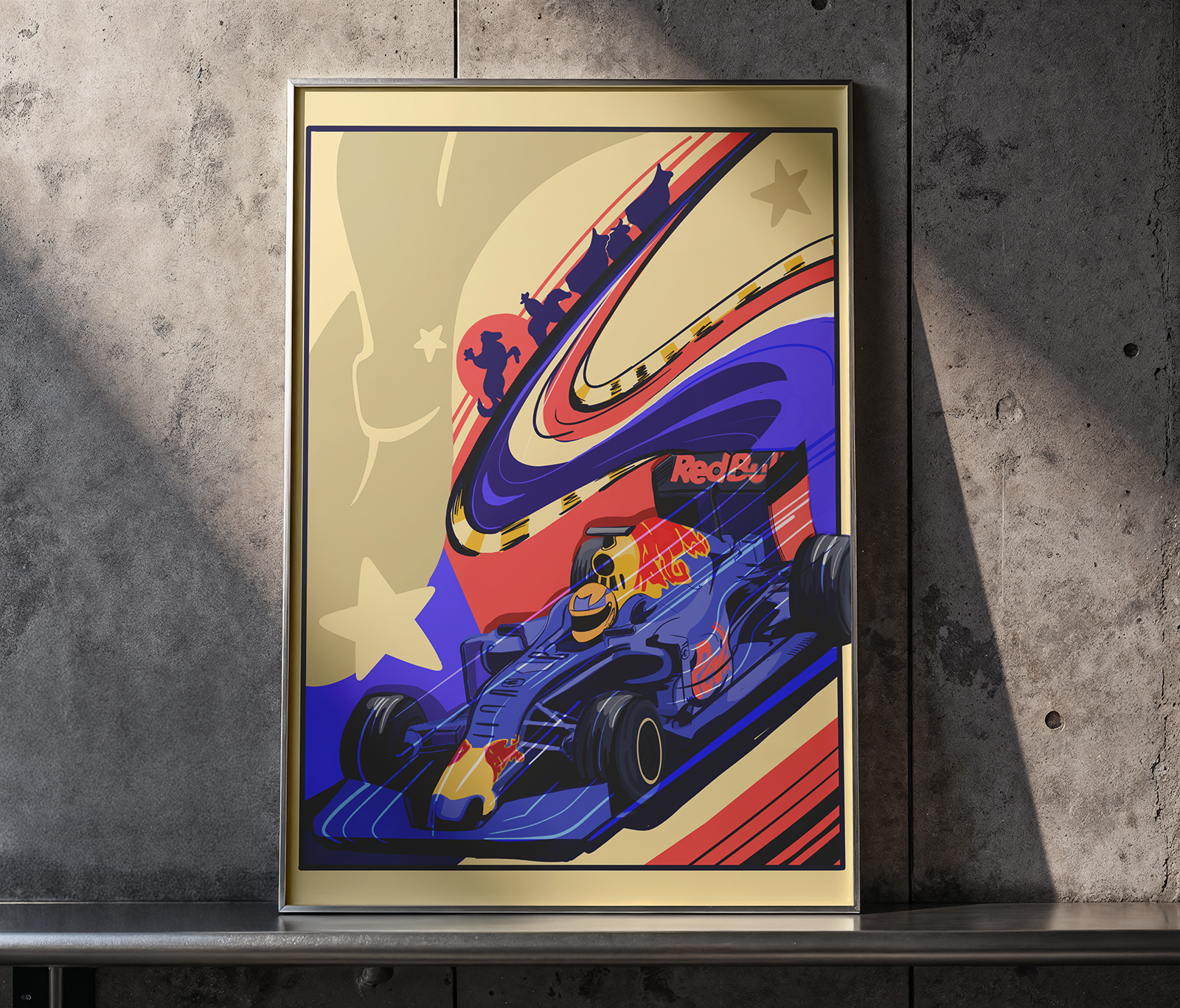 Concept Poster designed by Kennedy Michele. Showcases Red Bull's formula one car racing the COTA track with Texan elements and imagery. 