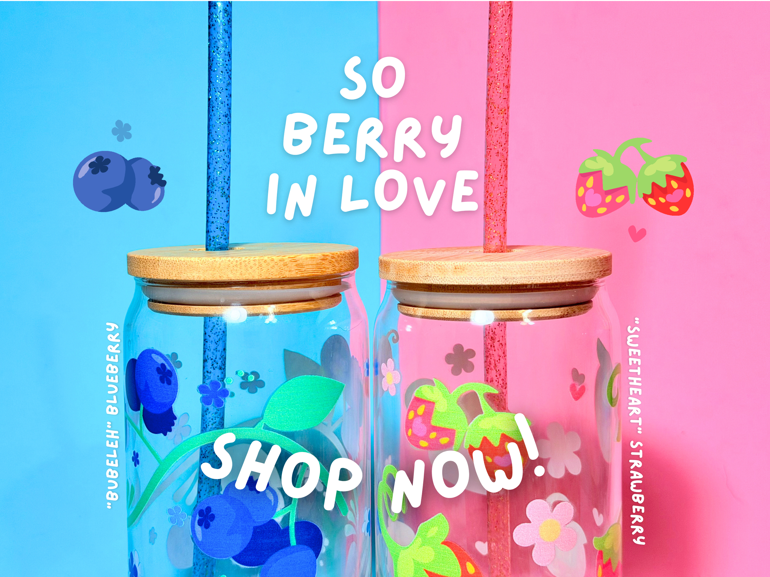 Two glass jars with wooden lids and colorful straws inside, decorated with strawberry and blueberry illustrations and surrounded by themed text and graphics, set against a split pastel pink and blue background, promoting juice flavors.