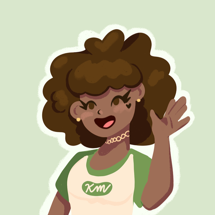 Cartoon illustration of Kennedy Michele with curly hair, smiling and waving, wearing a green and white shirt with 'KM' logo, a stretchy choker necklace, and earrings, against a light green background.