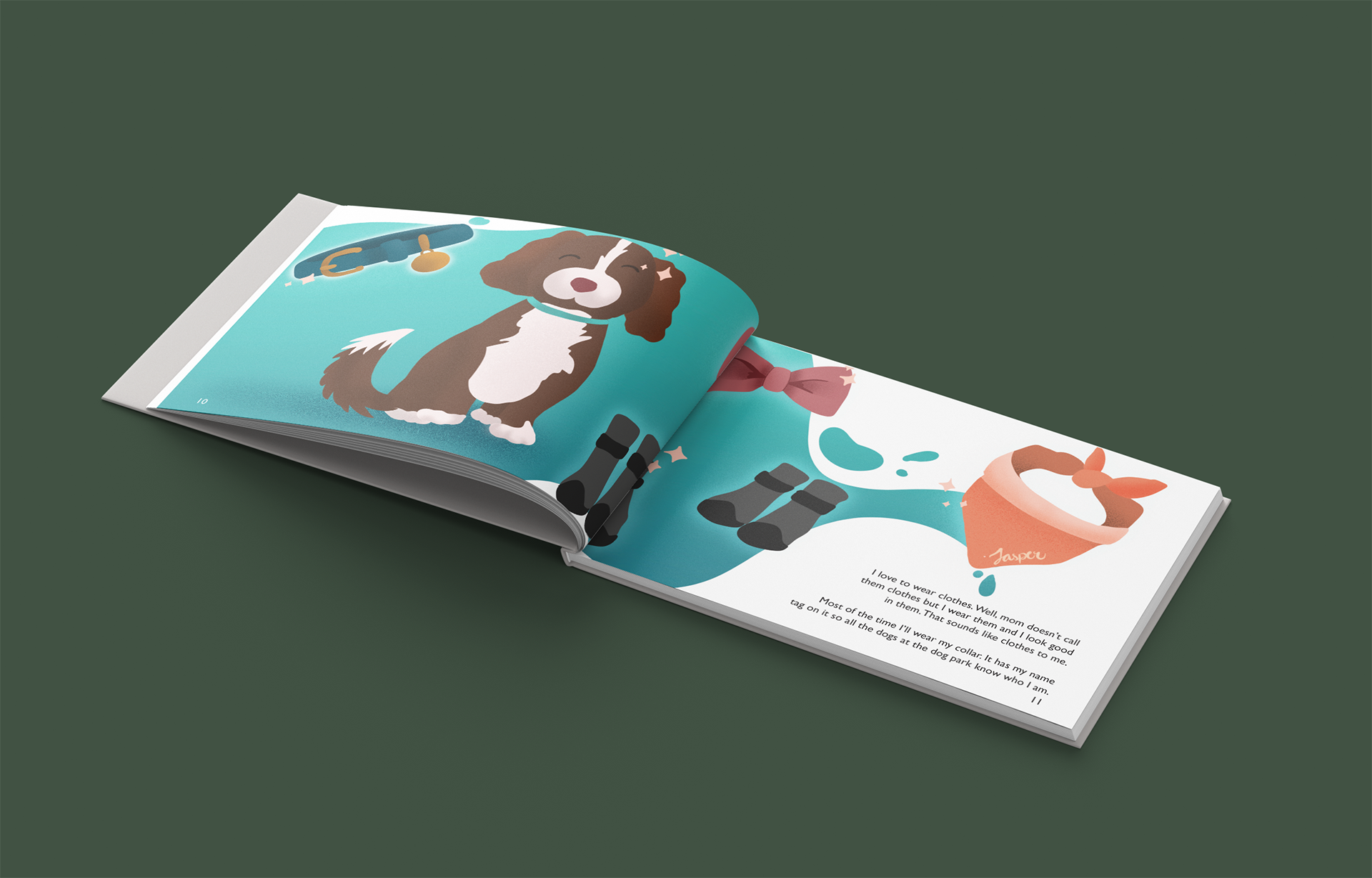 Illustration of Jasper surrounded by his collar, walking boots, and clothing accessaries