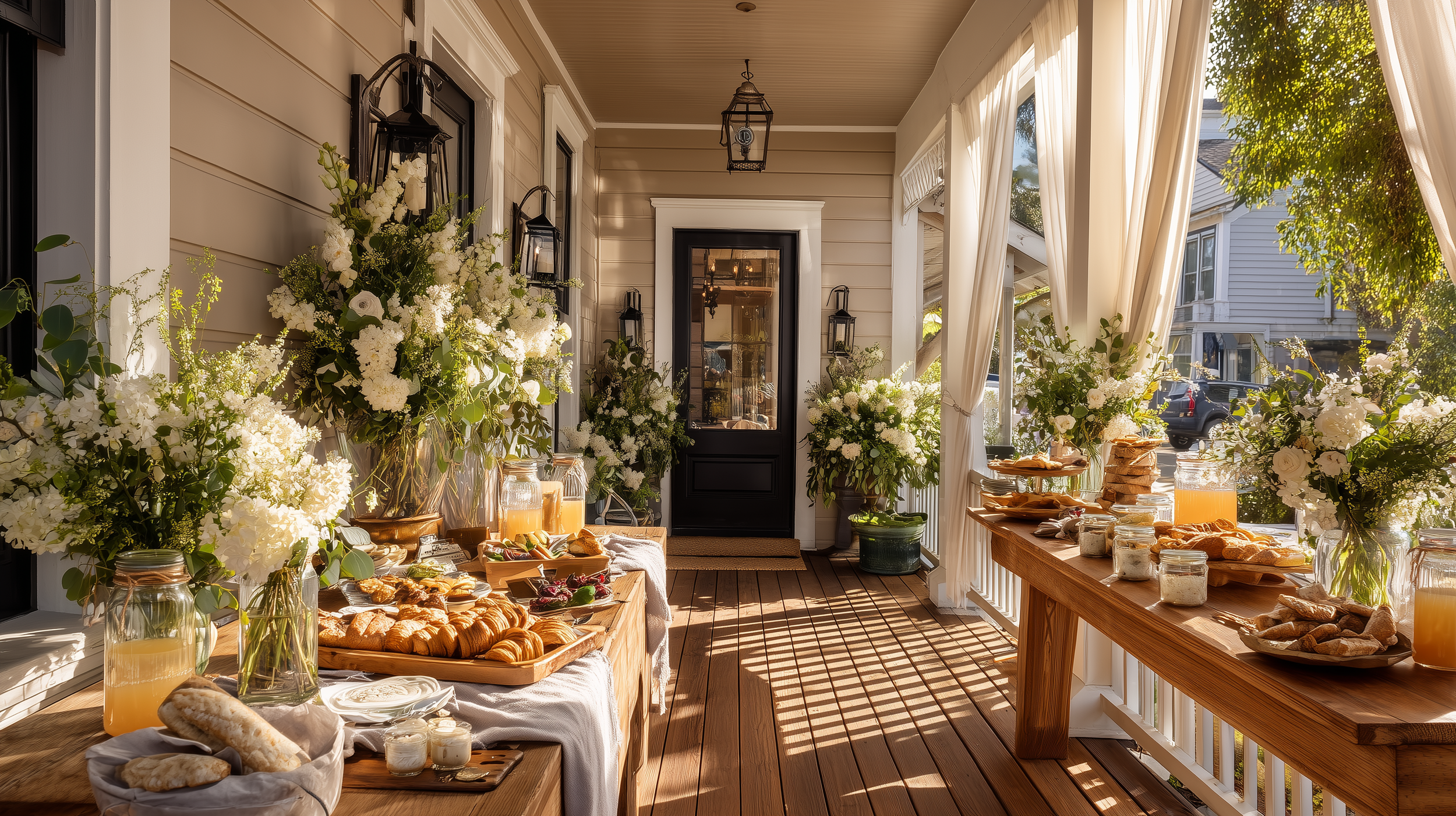 A decorated porch with white curtains, tables with flowers, baked goods, jars of juice, and sunlight.