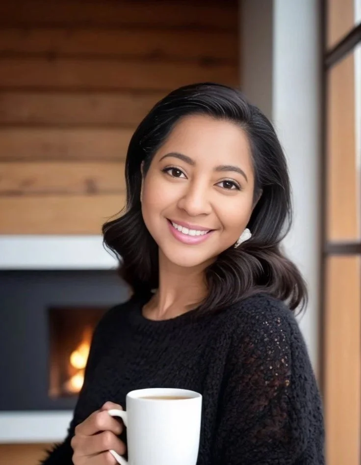 A smiling woman with dark hair holding a white mug, sitting near a window with natural light in a cozy, wood-paneled room.