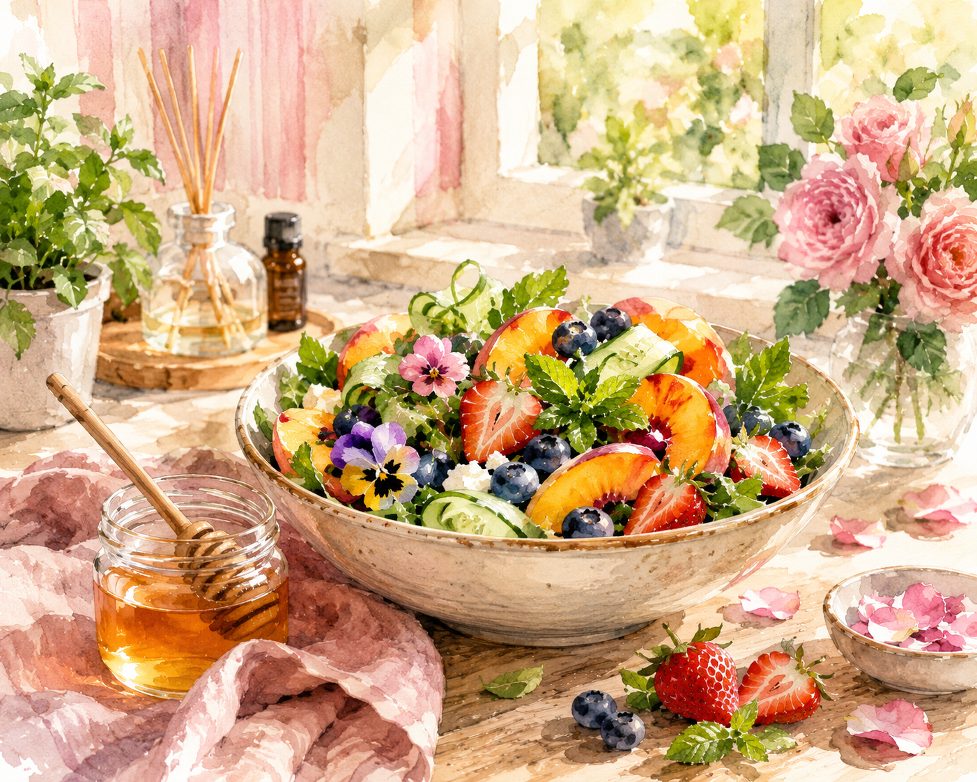Watercolor illustration of a colorful summer fruit and garden salad with honey, fresh mint, peaches, strawberries, and flowers in a bright kitchen.
